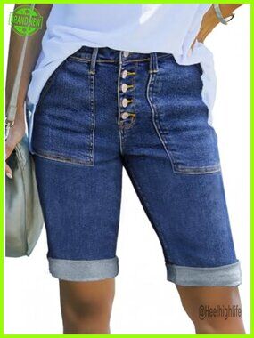 High Waisted Stretchy Jean Shorts Folded Hem Button Fly Pocket Bermuda Casual